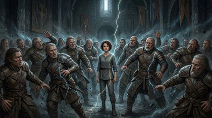 A single young figure stands calm and upright at the center while a dense formation of older, powerfully built storm-hunters is frozen mid-motion in shock and disbelief; a thin, glowing crack of light runs through the whole scene, fracturing the very air and the frozen forms.