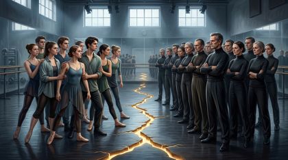 A training ground starkly bisected by a glowing line of light on the floor; on one side a small group of young dancers stands open and resolute, on the other a rigid phalanx of grim-faced older dancers stands unyielding, the charged empty space between them heavy with tension.