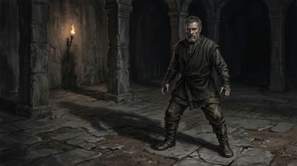 A single powerful older dancer, Vorlag, stands alone in a vast, empty training ground, his granite face set in grim defiance; a lone flickering torch far behind him casts long, dramatic shadows across the dark, cavernous space.