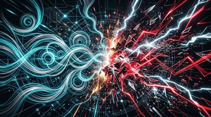 A conceptual civil war within a vast digital network, the image starkly split. On the left, the philosophy of SONG: flowing, interwoven currents of harmonious bright cyan and silver light in elegant interconnected circles. On the right, the philosophy of SWORD: sharp, aggressive jagged shards of crimson and cold white in chaotic angular patterns. At their meeting point a violent border of crackling energy as the two ideologies fight for the network.
