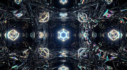 The interior of a vast, non-Euclidean echo chamber of fractal, mirror-like surfaces reflecting a single glowing shape into infinity, each reflection subtly distorted — a cascading feedback loop of degrading information.