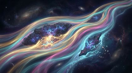 An immense tide of luminous, semi-transparent energy in gold, cyan, and magenta flows through a dark cosmic void like a slow ocean current. Floating within it are darker, condensed islands of stabilized reality, shimmering with intricate glowing geometric patterns — some nourished into brighter light by the tide, others eroding into dissolving fragments.