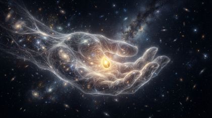 A vast, luminous, hand-like presence woven from filaments of soft white light and shimmering cosmic thread gently cradles a single, intensely glowing golden seed in its palm, its warm radiance lighting the intricate presence against a quiet dark void.