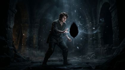A young man is frozen in wide-eyed shock, hand still outstretched, in a dark space; where a glowing seed of light just was now hangs a perfect, silent silhouette of absolute blackness that absorbs all light, faint fading motes of light drifting around the stark emptiness.