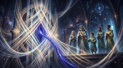 A fantastical Loom of Light woven from countless glowing threads; weaver-figures watch in awe as a single thread transforms from a dark, light-swallowing void into a luminous, deeply saturated indigo that pulses with soft inner light against the paler threads.