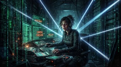 A female archivist, Kaelen, sits terrified at her terminal, lit cold by the screen, as her once-orderly digital archive erupts into a hostile storm of green and white code raining down like a waterfall; sharp beams of verification light sweep through the darkness like searchlights, tightening around her and hunting her.