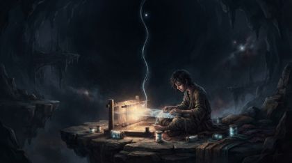 A lone young weaver sits hunched in sorrow before a small glowing loom in a vast dark cavern; a single fragile thread of silver-blue light rises from the loom into the immense empty darkness, while high in the void a small star fades to nothing.