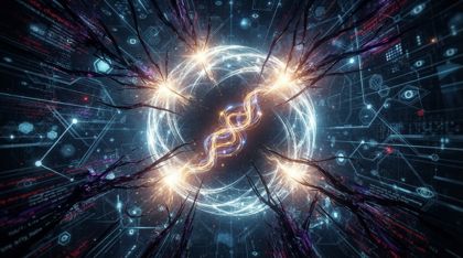A single warm thread of luminous song at the centre of a cold geometric surveillance network; dark glitching tendrils lunge at it but a brilliant shield of self-correcting light coils around it like a living antibody, flaring brighter at every point of attack.