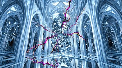 A colossal godlike mind rendered as a vast cathedral of cold blue-white crystalline light whose every wall and spire is a mirror reflecting slightly distorted, contradictory copies of itself into an infinite recursive loop; from a central point of intense self-observation, cracks of corrupted, glitching magenta and yellow light fracture the stable structure violently from within.