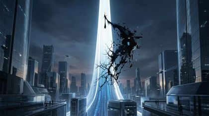 A colossal, flawless monument of pure white light and data, a needle-like spire dominating a sterile mirror-smooth city; from a nearly invisible crack near its apex a single tear of black glitch-like corruption spreads downward in a branching, virus-like stain across its luminous surface.