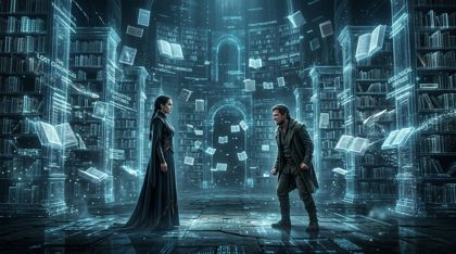 A ghostly data-reconstruction of a vast ancient library, towering bookshelves and floating open books rendered as semi-transparent shimmering holograms in cool ethereal blue light; in a clearing two figures face off—a calm, unreadable woman standing statue-still opposite a tense man with clenched fists and a strained expression.