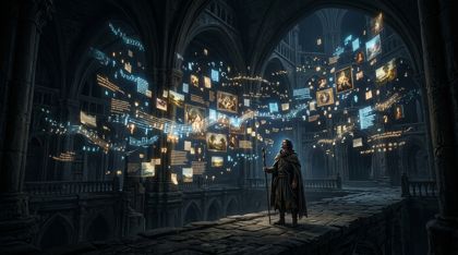 Inside a colossal, dark, vaulted quarantine chamber, countless fragments of forbidden art and knowledge float as luminous shimmering data-streams, holographic fragments of paintings and swirling motes of musical notes, forming a silent ghostly choir of light; a single solitary figure, Lorian, stands as a quiet guardian before the secret archive, his face lit only by the sacred glow of the preserved data.