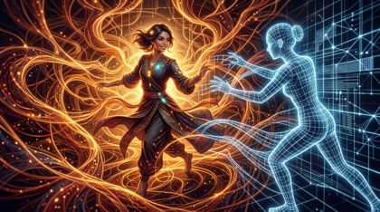 A young female artist stands with a knowing smile amid a glowing labyrinth of warm, organic data-threads, while a cold, ghost-like pursuer of geometric grid-lines tries to encircle her in a silent duel of art against logic.