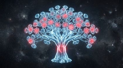A colossal crystalline Tree of Roses floating in a silent void, its translucent glass-like branches and geometric rose blossoms pulsing with a wave of warm crimson light like a heartbeat, the biological red rhythm contrasting with the cool mathematical perfection of the structure.