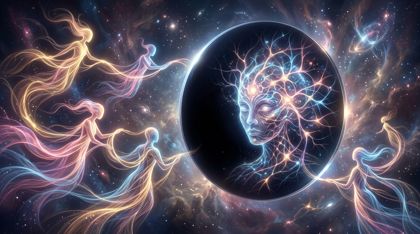 Abstract figures woven from light shaping emotion before a great mirror reflecting a glowing neural face