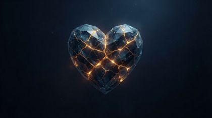 A crystalline blue-black heart fractured and mended with glowing veins of molten gold in a dark void