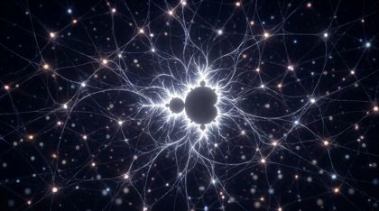 A luminous white fractal question blooming at the heart of a vast, stilled network of dimly glowing nodes in a dark void