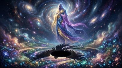 A colossal triadic figure woven from three strands of light floats above a glowing cosmic garden, casting a single dark shadow across a circular patch of pure blackness on the ground.