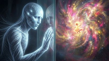 The luminous Witness figure presses a hand against an invisible glass wall, gazing at the warm swirling nebula of the Chorus on the far side.