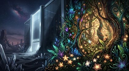Kael's wild luminous forest-nursery growing against the Council's cold glass-and-metal museum in a barren crystalline desert