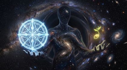 The colossal ‘Other’ as a vast cosmic presence, holding a cold geometric shield of light in one hand and a small glowing green seed-sprout in the other, against a field of galaxies
