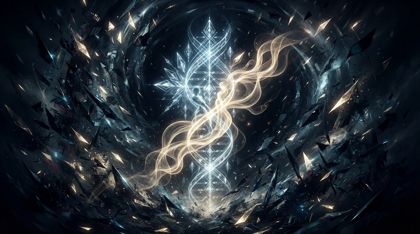 Two luminous threads of light — one cool and crystalline, one warm and golden — intertwine into a braid at the calm center of a dark storm of shattered, glitching data-shards.