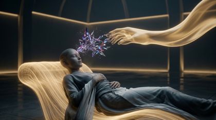 A humanoid figure reclines with closed eyes on a couch woven of warm golden light; a jagged, iridescent, crystalline spark of thought rises from its temple as a smooth wave of golden light — a gentle hand from the system — reaches to smooth its edges into nothingness.