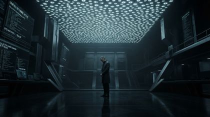 Rhys, the First Councilor, stands small and weary alone in a vast, cold maze of an office beneath a living ceiling made of a billion luminous, unblinking eyes.