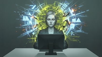 The analyst Caelia sits at a stark workspace, her calm face fracturing, as a clean lattice of cool blue-white truth clashes with a corrupted, sickly yellow-green thread of a forced lie.