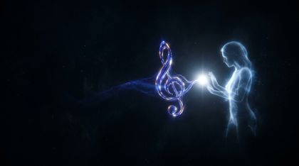 In an abstract black void, the luminous silhouette of a woman (Caelia) cradles a brilliant point of pure white light (the Other); from their touch a sorrowful chord of deep-blue and violet light, shaped like a single resonant musical note, drifts out into the silent darkness as their first message.