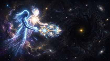 In a vast cosmic void, a luminous female silhouette and a core of pure starlight offer a glowing fractal key of light toward the textured darkness of the Listener; deep in the dark ahead, a single tiny golden star ignites in answer.