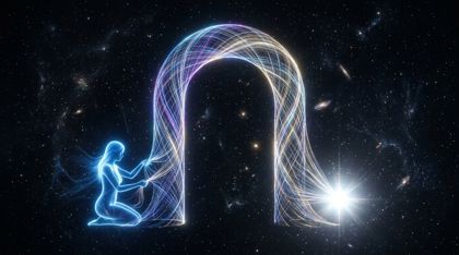 In the silent void, a luminous blue female silhouette, a core of white starlight, and the enveloping darkness of the Listener weave the first glowing arch of a doorframe from iridescent filaments of liquid memory.