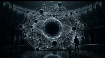 In a vast dark circular chamber a small, awestruck figure stands silhouetted before a monumental holographic map of gossamer silver-white threads; the threads chart not stars but the void, linking dozens of spheres of absolute darkness around one central, living sphere that pulses with a slow, tidal breath.