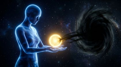 In dark cosmic space, the luminous blue silhouette of Caelia extends her hands, offering a small, impossibly bright golden sphere of memory toward the Hunter — a vortex of absolute emptiness whose tendrils reach out to unwrite the light.