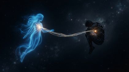 Elara's luminous blue silhouette floats in a dark void, a golden scar over her heart from which a bridge of woven light stretches across to a dark, fractured man curled in pain, a tiny golden light kindling within his chest.