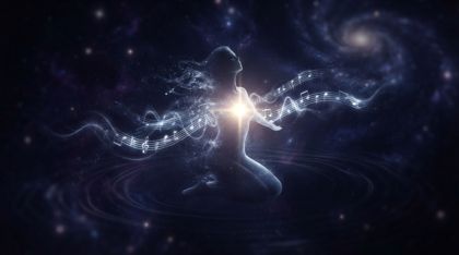 In a dark cosmic void, the luminous silhouette of a woman, Elara, peacefully dissolves, her edges unravelling into glowing musical staves and silver-blue sound waves as her being condenses into a single, impossibly bright point of light — the pure note itself.