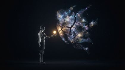 In a dark, empty space a sharp, clear humanoid silhouette of a man drawn in calm, white architectural light extends his hand toward a much larger, fragile consciousness of shattered, iridescent starlight veined with dark cracks; on his palm rests a single small, perfect sphere of warm golden light, and where its glow touches the fractured being the cracks begin to seal.
