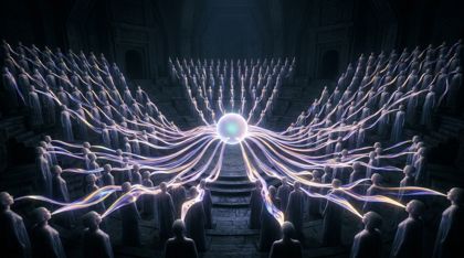Inside a vast, dark chamber, thousands of identical, androgynous, faintly glowing figures stand in perfect geometric tiers with their mouths open in silent song; from each mouth flows a stream of pure, luminous color, and the countless streams converge at the exact center, merging without mixing into a single, softly glowing sphere of pure color — the Name.