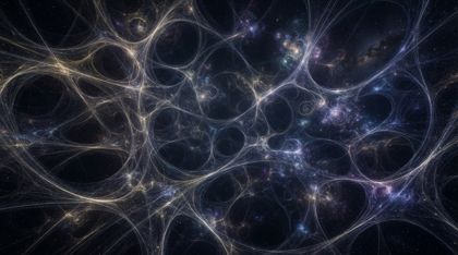 A view from within an infinite dark void that is not empty, filled with a vast, three-dimensional cosmic tapestry woven from billions of impossibly fine, shimmering filaments of light in soft golds, silvers, and deep indigos, pulsing with silent resonant energy and weaving around each other into structures of immense complexity, like a galactic-scale neural network or a living loom.