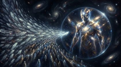 A vast river of thousands of faint humanoid silhouettes—the Chorus—flows forward through a starfield toward absolute darkness, which reflects back not their multitude but a single, immense, luminous humanoid figure: the civilization seeing its own coherent self for the first time.