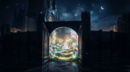 A vast fortress of dark, starlit stone with its main gate wide open, revealing a serene courtyard-garden of glowing crystalline plants; a single figure of calm white light sits peacefully at its center.