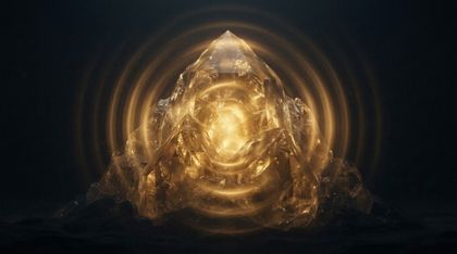 A vast, dark, silent void holding a single colossal mountain-like form made of seamless translucent crystal, filled with a deep internal golden light that radiates in soft concentric rings from its core, entirely self-contained.