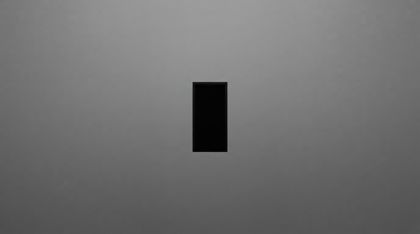 A stark black rectangular doorway floating at the center of an infinite, featureless pale-gray void — the first line and first separation in an undivided expanse.