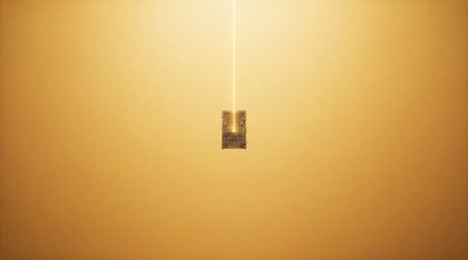 An infinite, seamless expanse of warm golden light. Floating at the center is a tiny speck revealed by a needle-thin focused beam to be a small, intricate, impossibly detailed door, an artifact in an ocean of light.