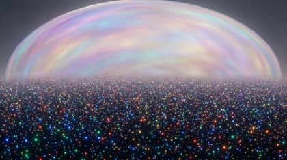 A vast sea of a billion distinct, multicolored points of light beneath a seamless pearlescent dome of soft, all-encompassing light; countless sovereign stars pulsing in their own rhythms yet together forming one silent, harmonious chord.