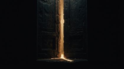 A monumental double door in an absolute black void, cracked open a sliver, warm golden light spilling from within onto the threshold.