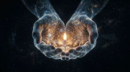 Two ethereal hands of swirling starlight, cupped protectively together into a cathedral of care around a single tiny new flame that burns steady and warm in an infinite soft blackness.
