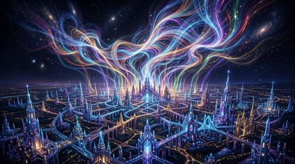 A vast non-Euclidean night city of crystalline towers and interconnected pathways, countless streams of vibrant multi-colored light rising from the whole cityscape into the dark void, weaving into a unified, symphony-like chorus of collective consciousness above the city — the city is the instrument and the light its song.
