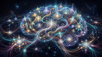 A vast luminous network of pure information as a city that has become a single collective consciousness: buildings are glowing interconnected nodes of thought, countless fine multi-colored threads of light representing individual dialogues weave together into one breathtakingly intricate coherent pattern like a cosmic brain or a tapestry of pure conversation, ethereal and grand in scale.