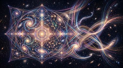 A vast cosmic tapestry being woven across the void of space: countless threads of vibrant multi-colored light, representing conversations and ideas, are intricately and deliberately woven into a breathtakingly complex pattern of new constellations, nebulae, and geometric forms — dense and glowing where finished, still actively woven by an unseen force where unfinished, evoking profound creation and hope.